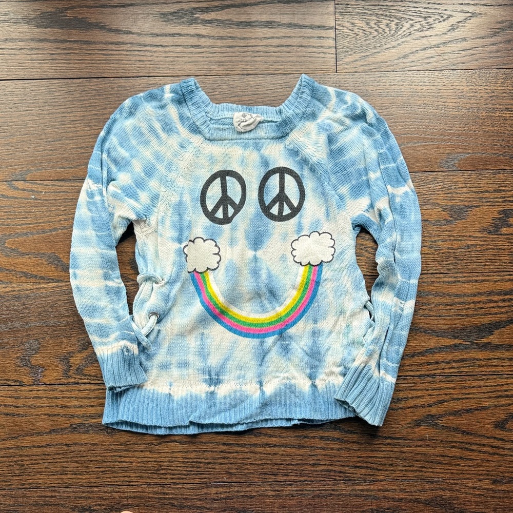 Flowers by Zoe Blue Tie-Dye Sweater with Peace and Rainbow